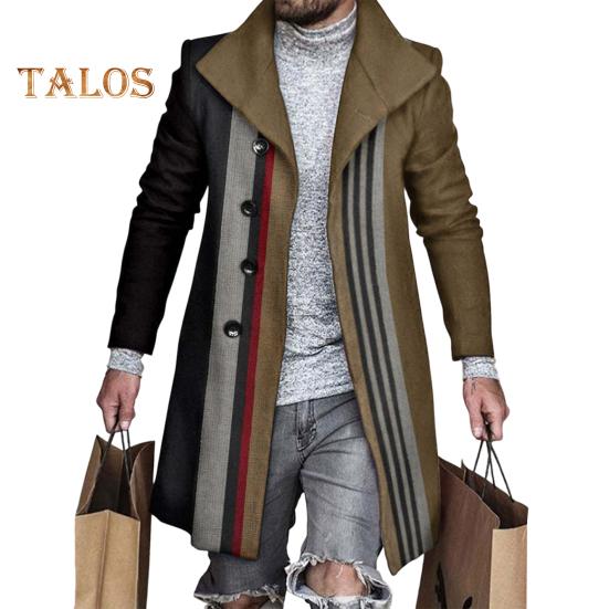 

Мужское пальто с 3D-дизайном лацканов, застежкой на пуговицы, шерстяное пальто в стиле ретро с клетчатым принтом, ветрозащитная куртка средней длины XXXL хаки