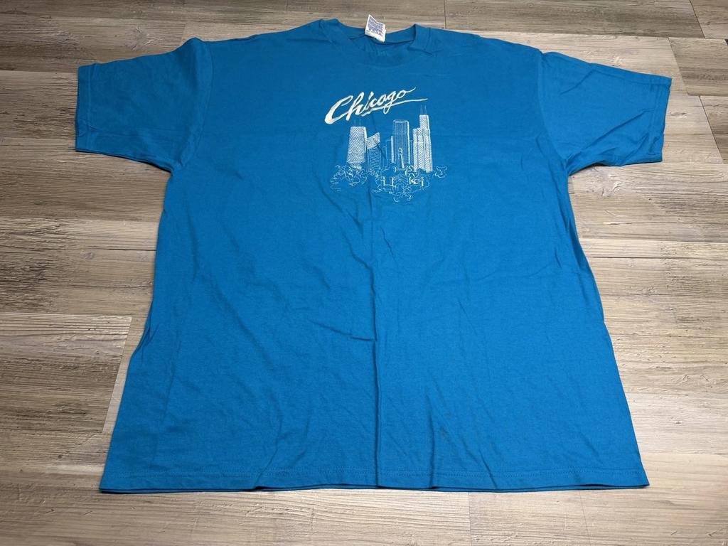 Vintage Chicago Skyline T-Shirt Embroidered Spell Out Bright Blue 2XL USA Made