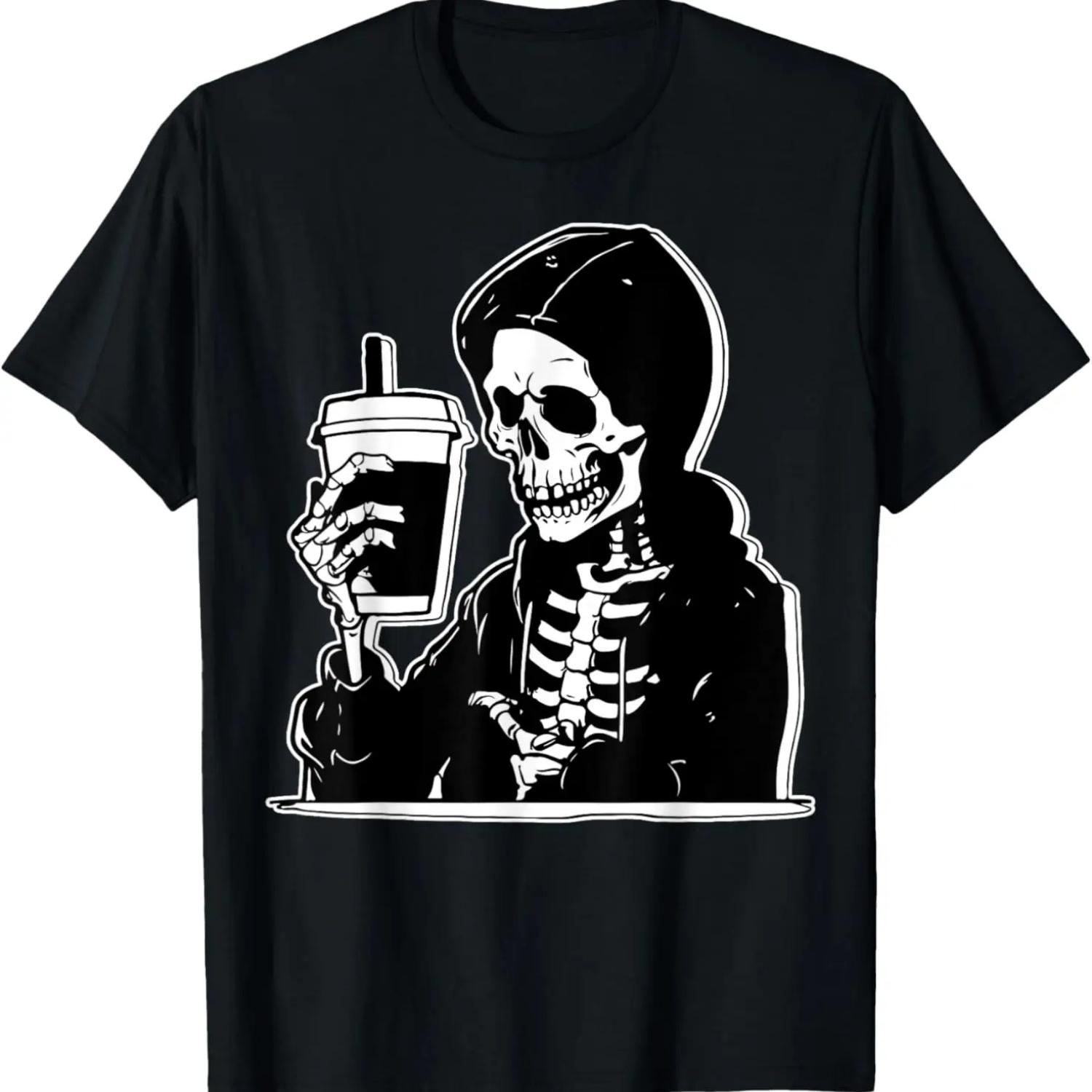 Halloween Coffee Drinking Skeleton Lazy DIY Costume Funny T-Shirt S