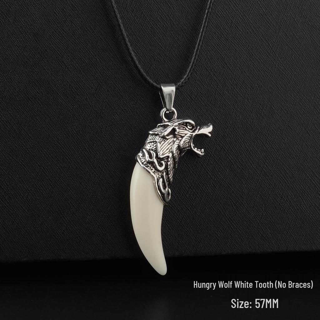 Men's Tibetan Faux Wolf Tooth Pendant Necklace, Titanium Steel Chain, Nepalese Style
