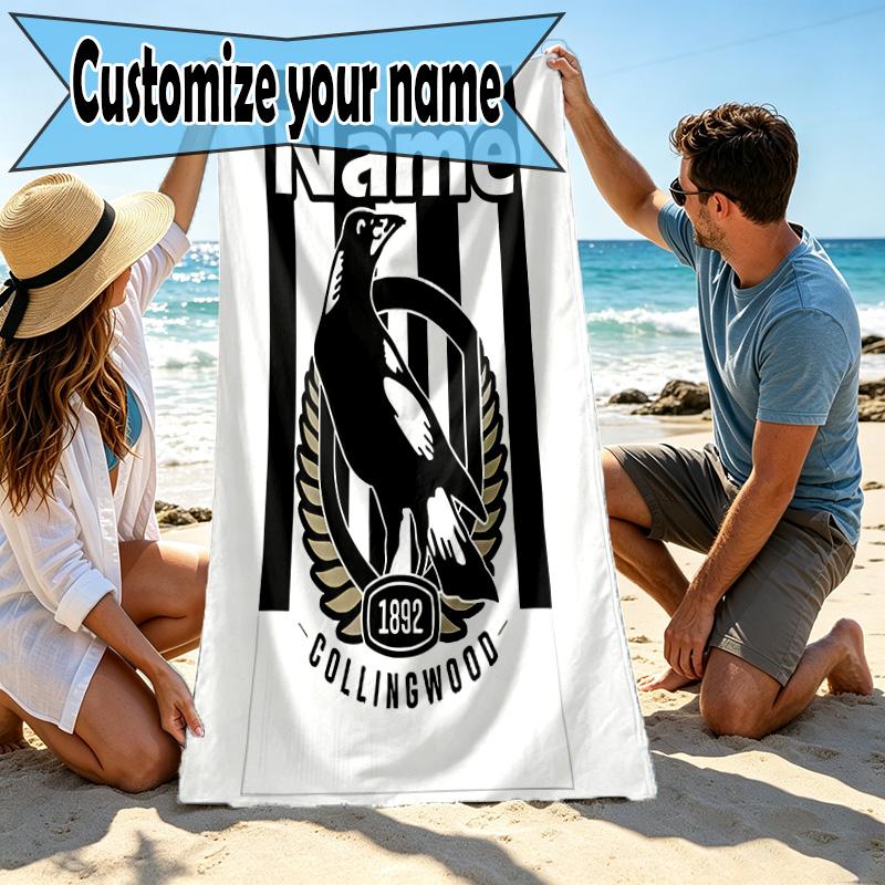 Personalisierbares Strandtuch mit individuellem Namen und Collingwood Magpies Print, für Reise, Camping, Strandparty, Heimdekoration, Geburtstagsgeschenk für Familie & Freunde