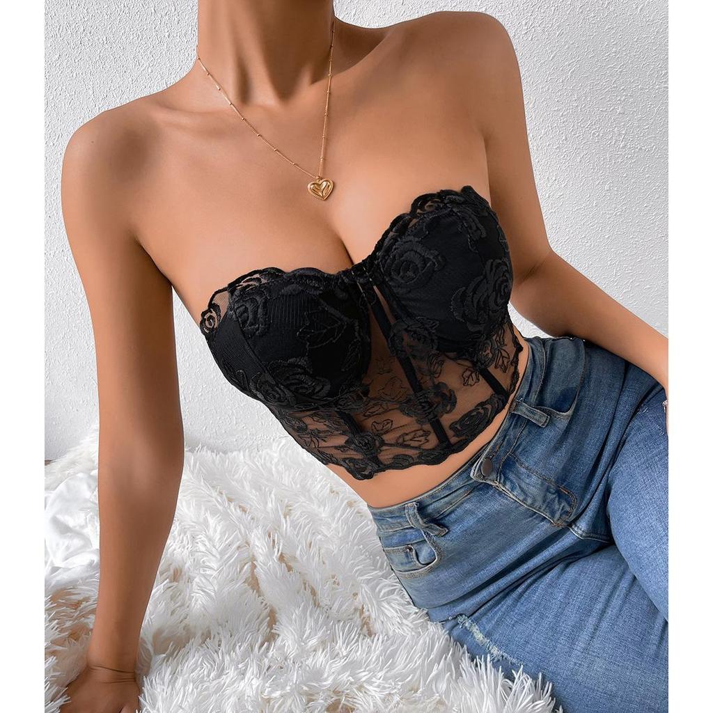 2023 European & American INS Style Lace Mesh Rose Tube Top Vest