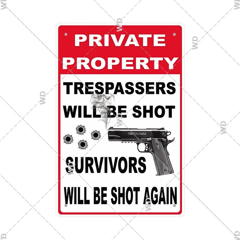 Warning Tin Sign Private Property Gun No Trespassing  Retro Vintage Plaque Danger Vedio Safety Home Door Street Bar Wall Decor