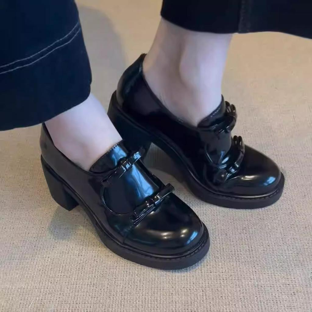 Cowhide version~ leather bow small leather shoes women's British style one-pedal high-heeled French single shoes platform loafers
