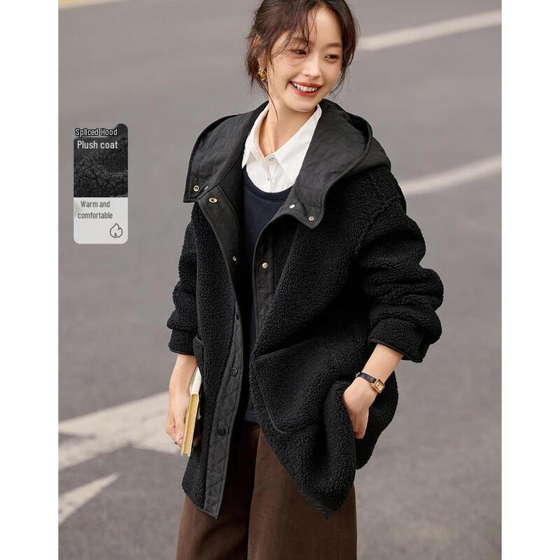 

MOHANIMEI Korean Style Faux Lamb Wool Patchwork Hooded Jacket S