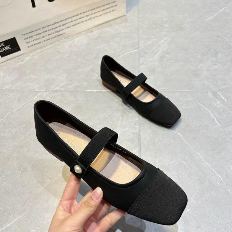 Fashion New Women's Flats Black Toe Mary Janes Shoes Pearl Buckle Patchwork Leather Shoes Mixed Color Slip on Flat Shoes Spring
