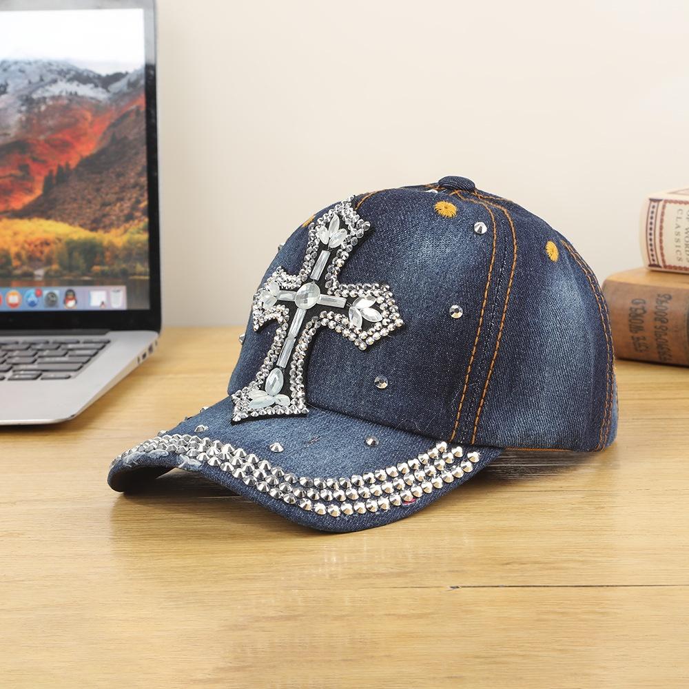 Cross-Border New Oversized Denim Baseball Cap Sparkling Diamonds Crow Heart Design Good-Looking Affordable Direct Manufacturer