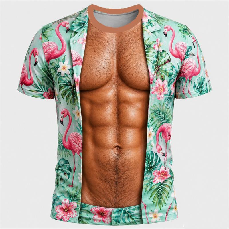 Divertente T-shirt 3D a Maniche Corte con Addominali e Peli sul Petto, Estate Spiaggia Vacanza Novità Festa Famiglia Outfit Genitore-Figlio