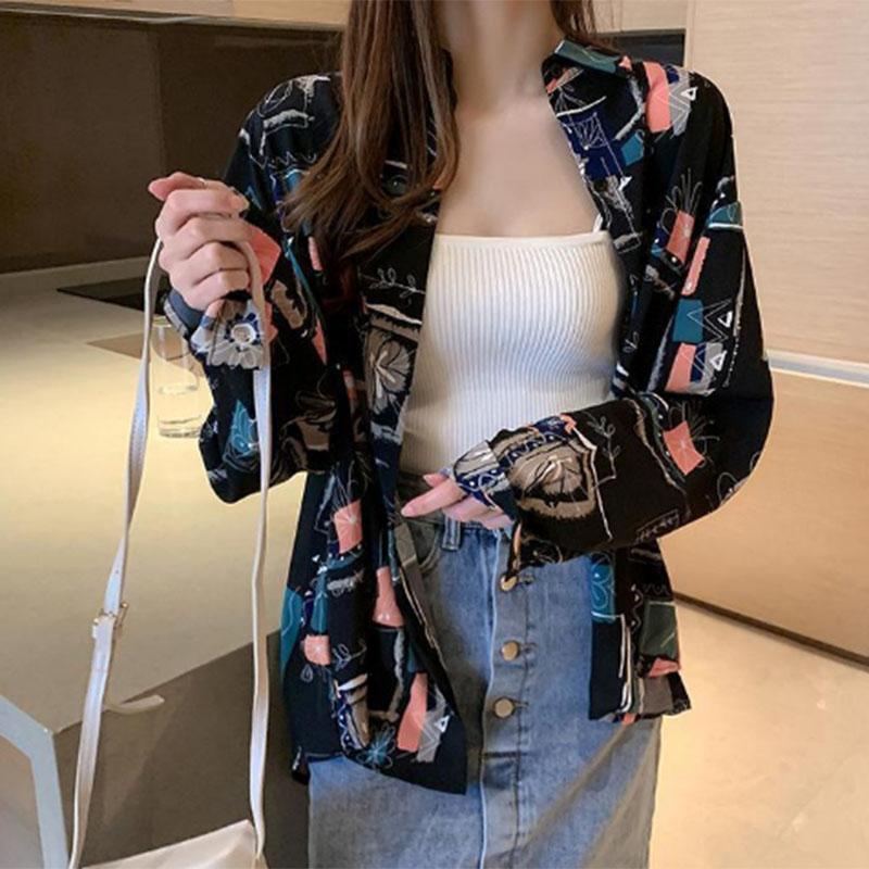 Skjorte Dame Retro Hong Kong Stil Vår og Sommer Stil Koreansk Trykkdesign POLO Krage Nisje Løs Skjorte Dame Topp