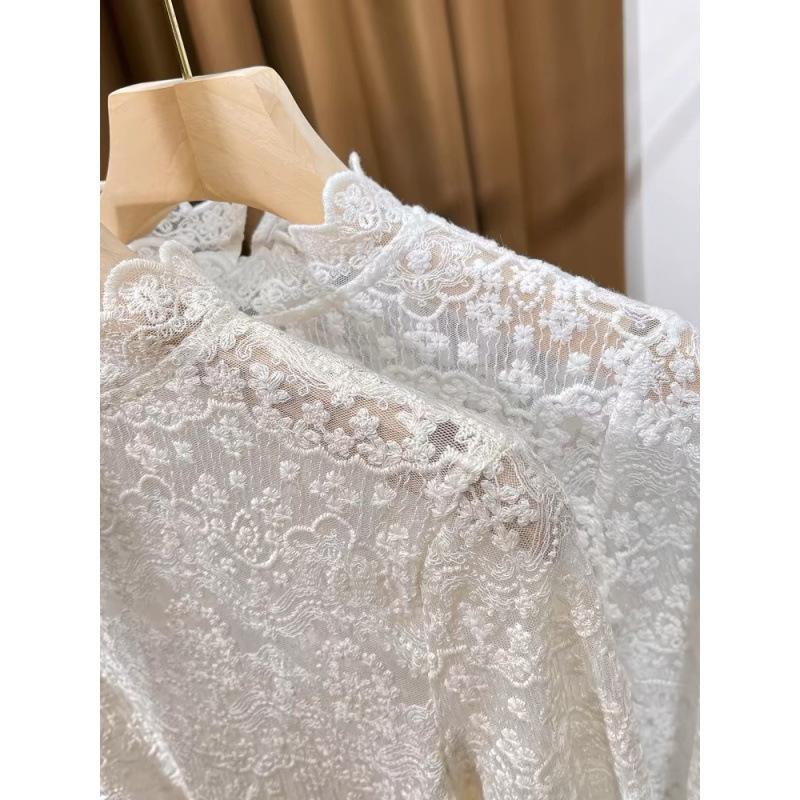 Semi-turtleneck lace sweater with small shirt inside women's spring and autumn new embroidered thin mesh bottoming shirt hollow top women