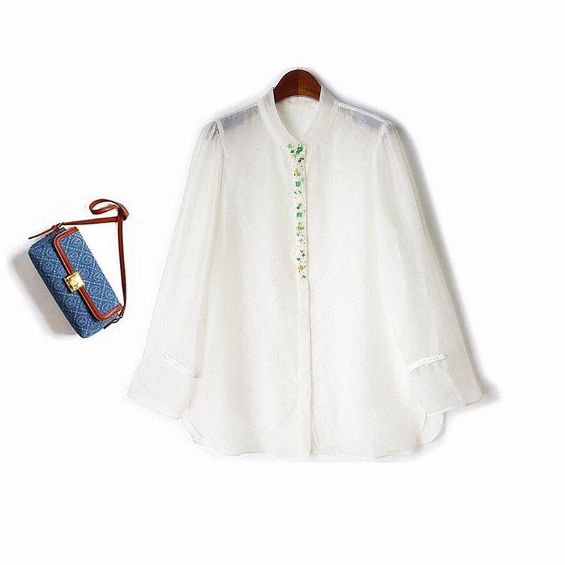 

Color Handmade Beaded ~ Fancy See-through Light Shirt Mid Length Long Length Spring Long-Sleeve Women s Top Shirt Summer Wear White L