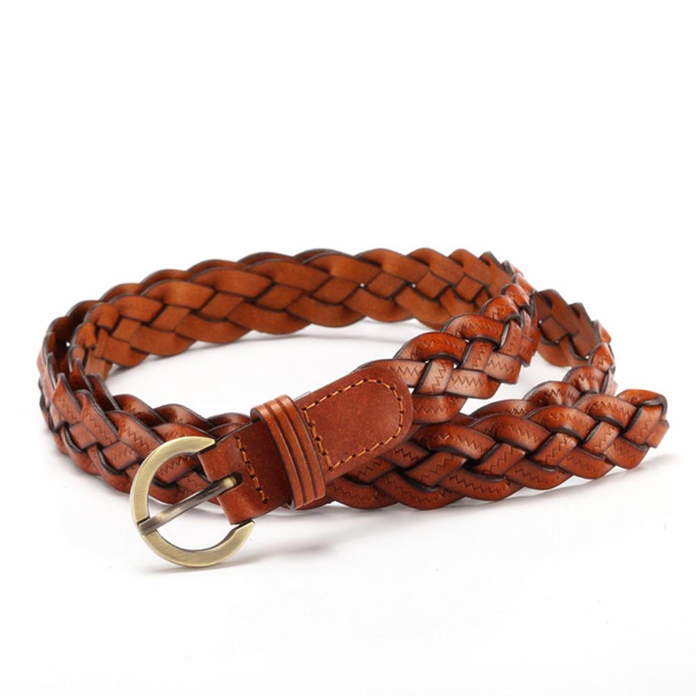 Women Leather Belt Waist Bands with Round Gold Buckle Braided Dress Belt Casual Thin Belt For Student Ladies Clothes Accessories