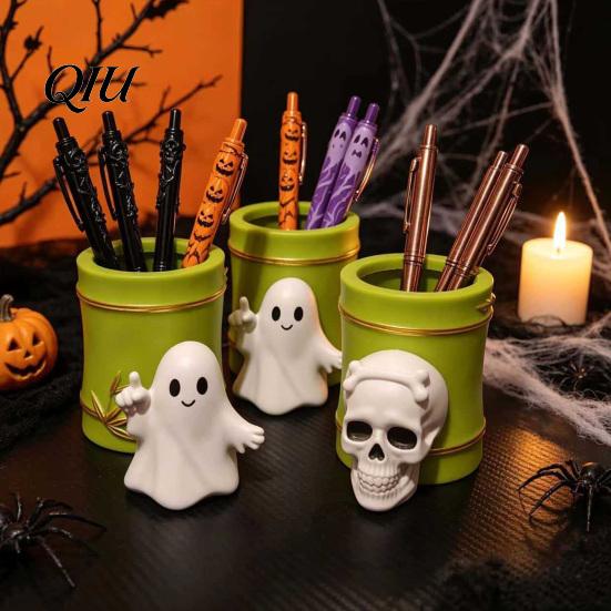 Fun Holiday Gift for Students Halloween Pen Holder, Cute Ghost/Skull Bamboo Tube Shaped Pencil Durable Pot For Workstations Cup, Multi-functional