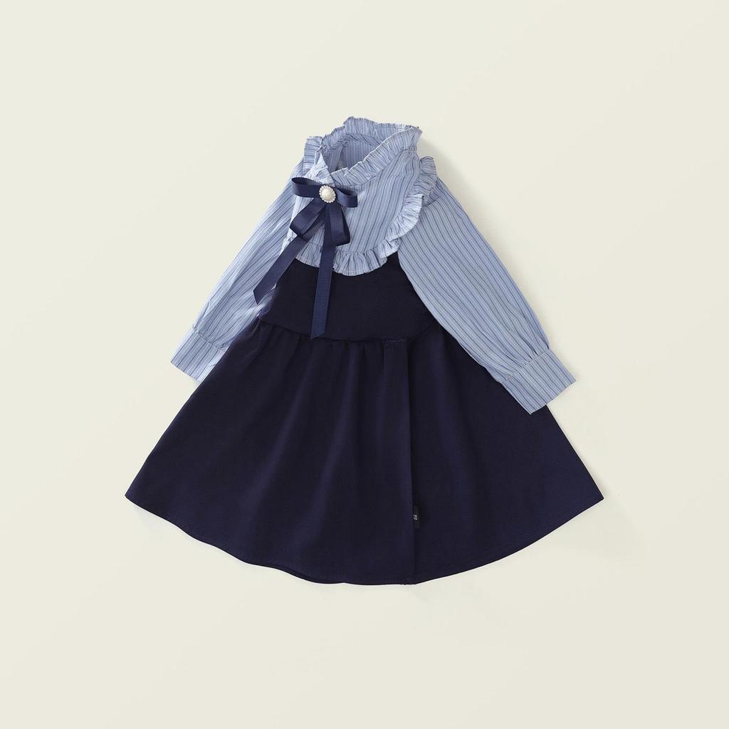 Herbst 2025 Mädchen Gestreiftes Colorblock Langarmkleid mit Falschem Zweiteiler Koreanisches Design