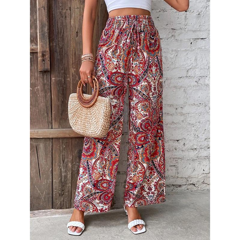 Summer New Fashion Printed Elastic Waist Wide Leg Pants Women Vintage Vacation Beach Pants Casual Woman Simple Thin Office Ladies Long Trousers 25783
