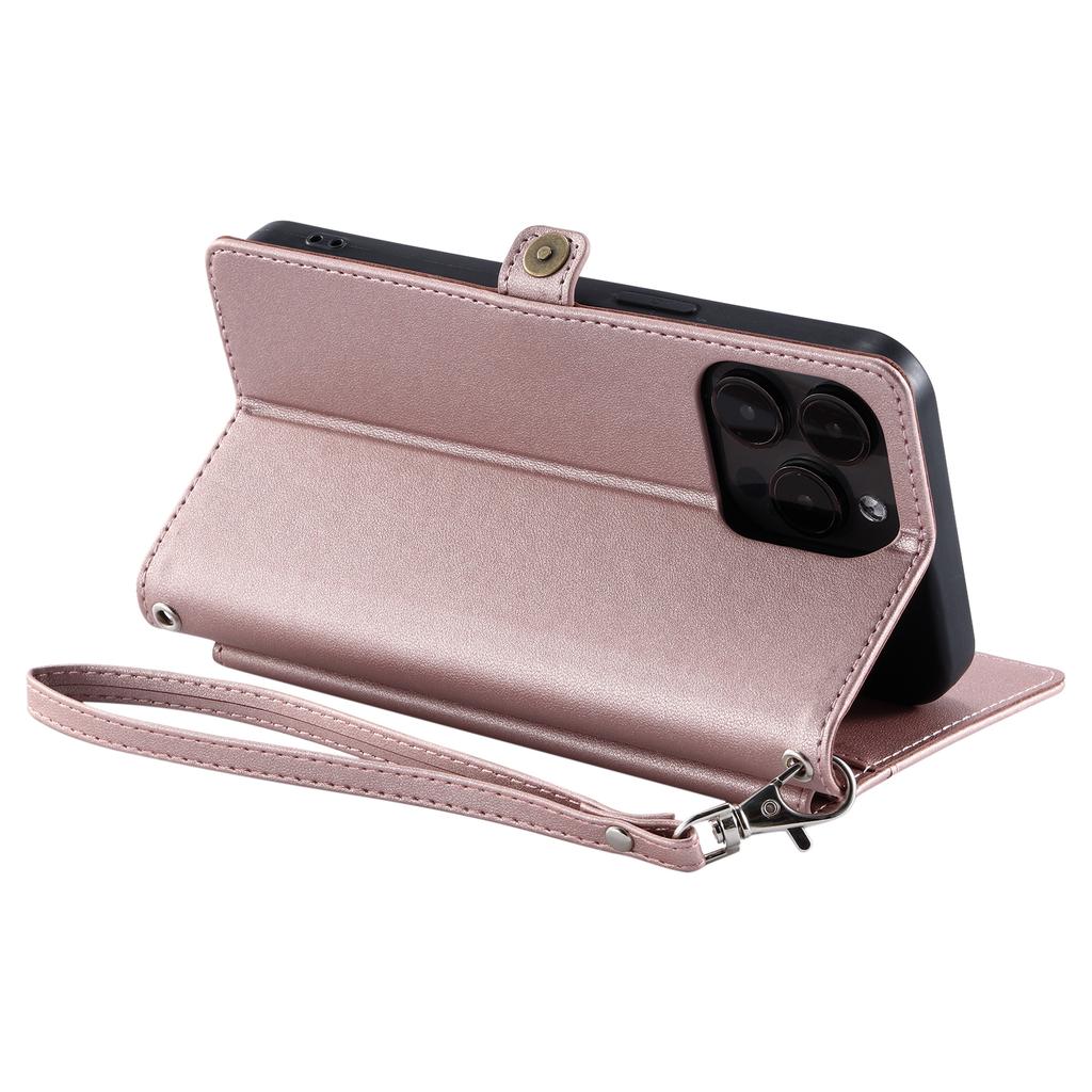 For iPhone 16 Pro Leather Case with Wrist Strap Wallet Stand Phone Cover