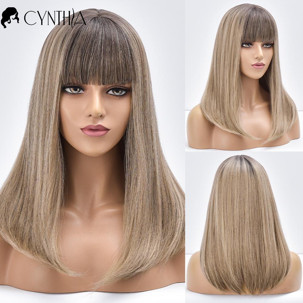 Blonde Ombre Long Straight Gold Synthetic Wig With Bangs For Black White Women Heat Resistant Fiber Daily Hair Cosplay Wigs