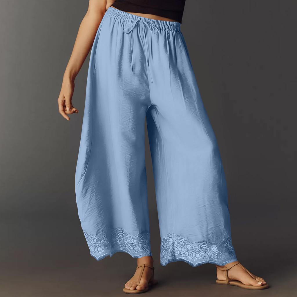Women Casual Wide Leg Pants Elastic Waistband Drawstring Waist Patchwork Lace Hem Loose Fit Palazzo Trousers for Everyday Wear