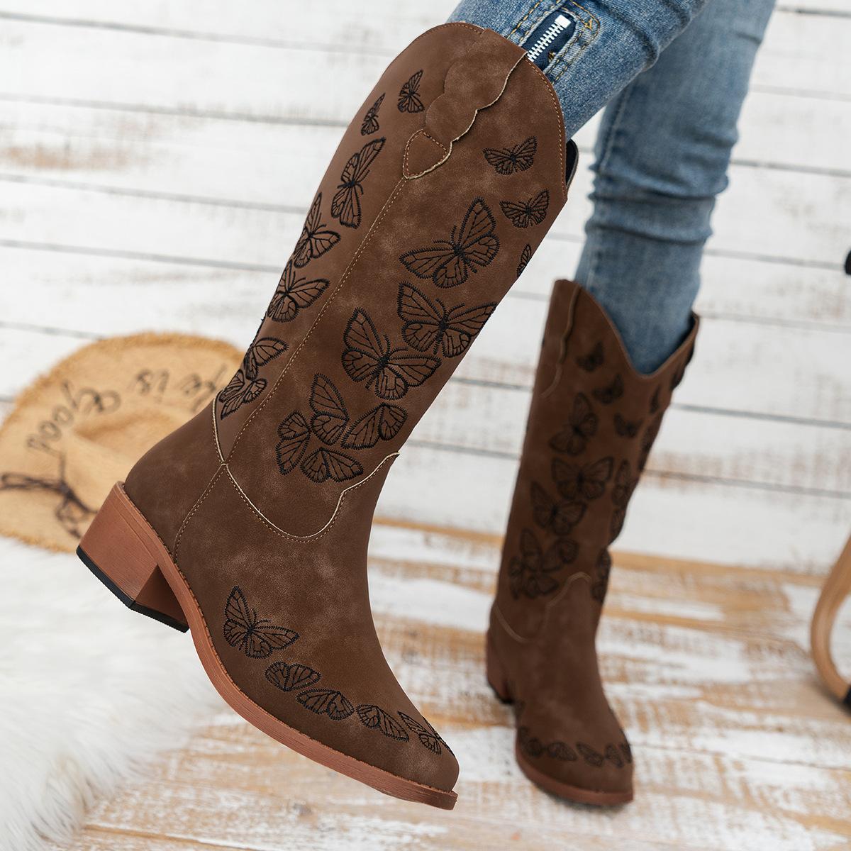 

2025 autumn and winter new round head embroidered knight boots 40-43 large size medium tube boots European and American butterfly flower thick h 43 коричневий