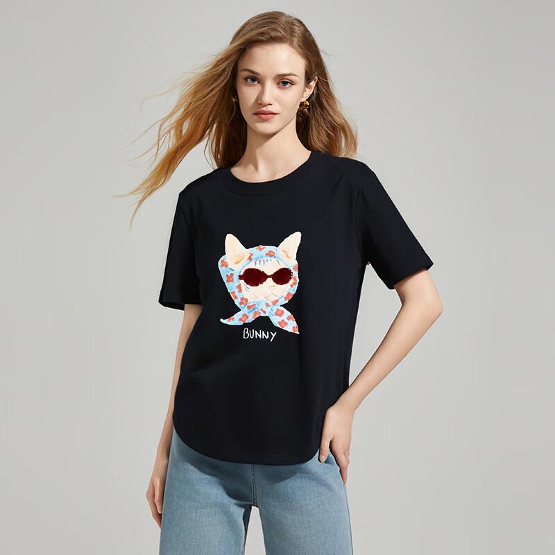 Women's Cat Print Beaded Short Sleeve T-Shirt