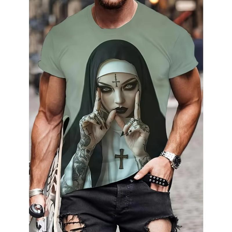 Męska Koszulka z Nadrukiem 3D Mroczna Zakonnica Tajemniczy Fajny Wzór T-shirty Letnie Codzienne Okrągły Dekolt Krótki Rękaw Topy Koszulki Streetwear