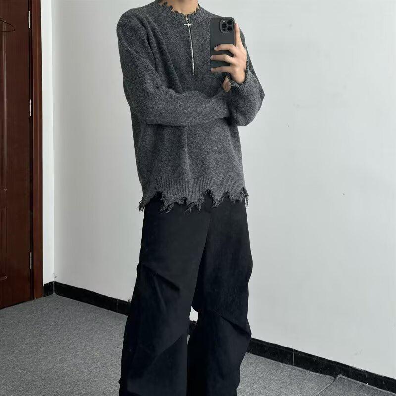 

Men s American Vibe High-Street Ripped Half-Zip Sweater: Autumn/Winter Hip-Hop Trendy Knitwear for Couples Large сірий колір