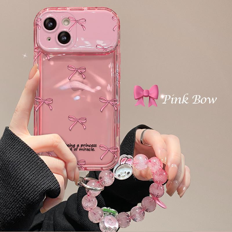 Applicable to Apple 15 mobile phone case iPhone14/13promax bow chain 16/17 transparent flip mirror