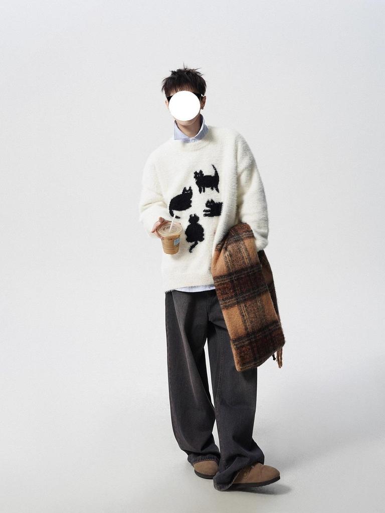Trendy Cartoon Cat Knit Sweater: Men's Autumn/Winter Round Neck Couple's Loose Casual Style
