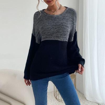 Herbst/Winter Lässiger Damen Rundhals Colorblock Locker Gestrickter Pullover