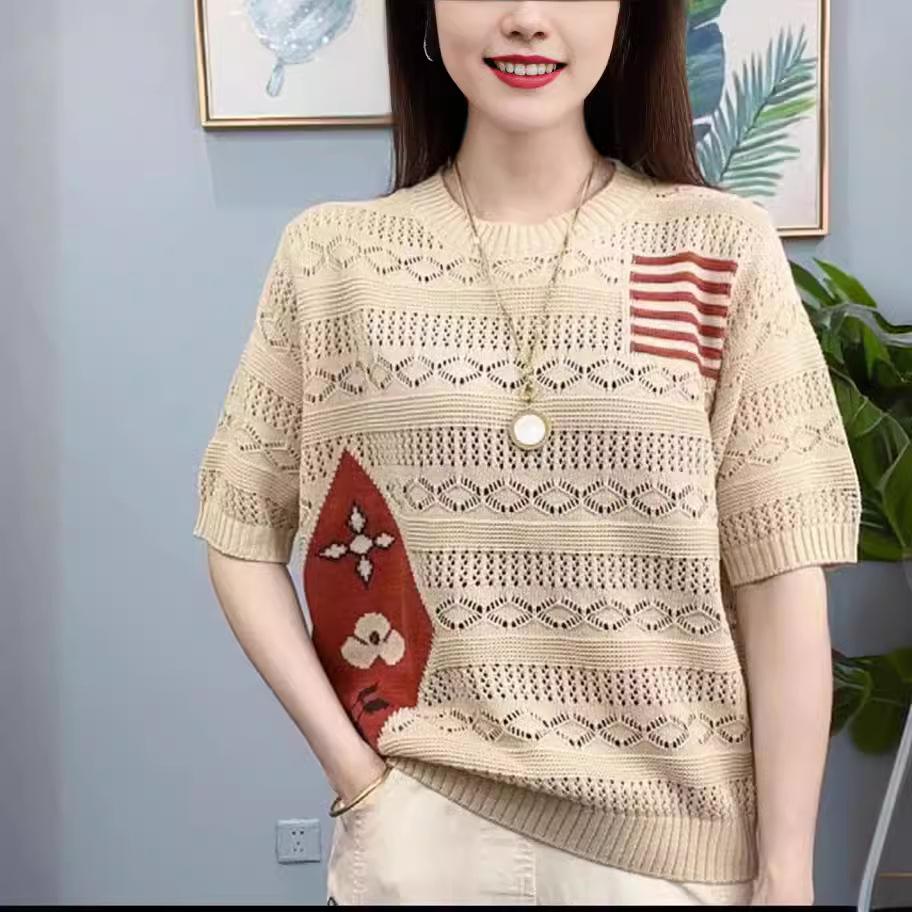Summer Hollow Round Neck Fashionable Knitted Thin Loose Bottoming Fashion Short-sleeved Women's T-shirt Tops