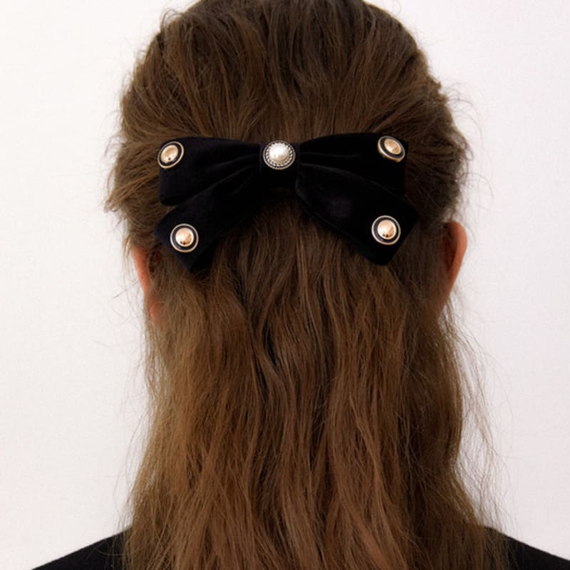 OVLA black button velvet ribbon pin_holiday HP043