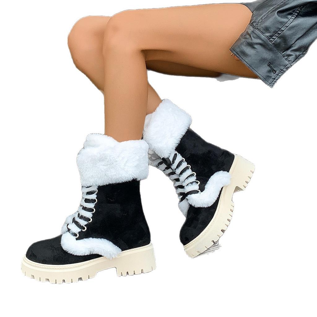 Toamnă și iarnă comerț exterior mărime mare pufoși calzi cu talpă groasă cizme medii europene și americane de exterior cu vârf rotund cu șireturi cizme de zăpadă femei