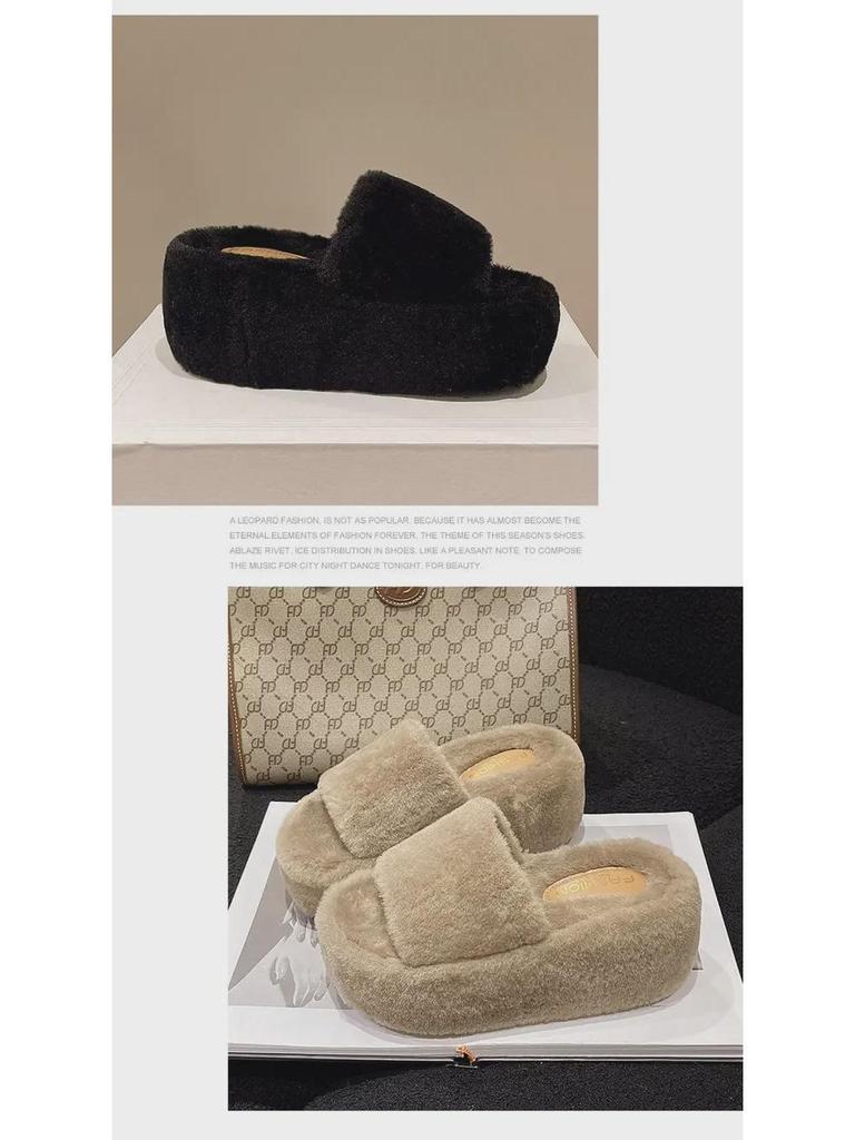 8CM Thick-Sole Fur Slippers for Women's Outdoor Wear—2024 New Autumn/Winter Warm Cotton Slippers