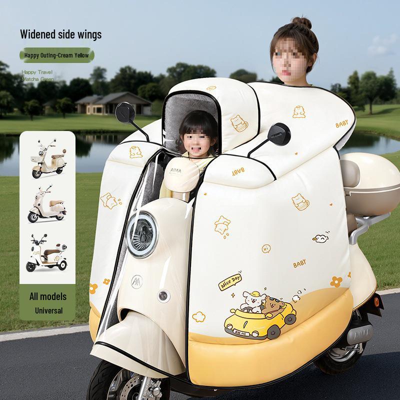 Children's Parent-Child Electric Motorcycle Winter Windshield - Fleece-Lined, Thickened, Waterproof, Full Coverage.