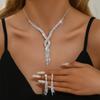New Simple Design Sparkling Bridal  Set Silver Color Rhinestone Long Tassel Necklace Earrings Set Wedding  Accessories
