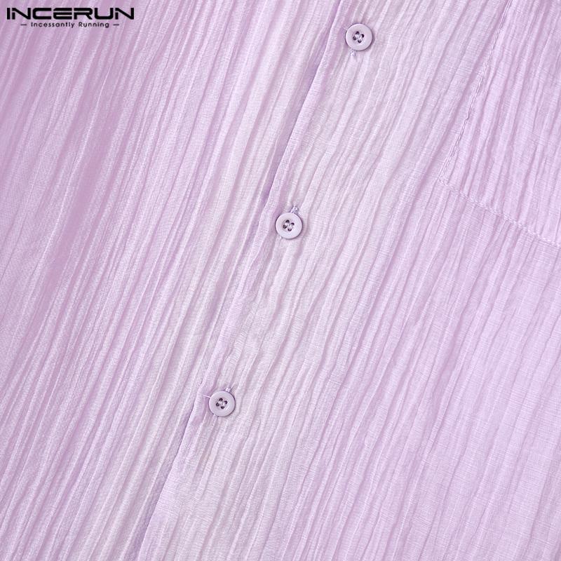 INCERUN Herren Sommer Reverskragen Halbtransparent Einfarbig Textur Lässige Hemden