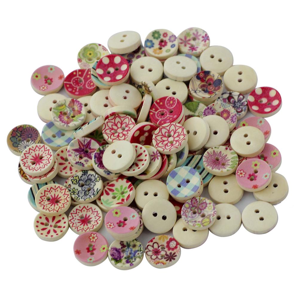 Pack of 100 Painted Colors Round DIY Wooden Buttons for Sewing and Crafting