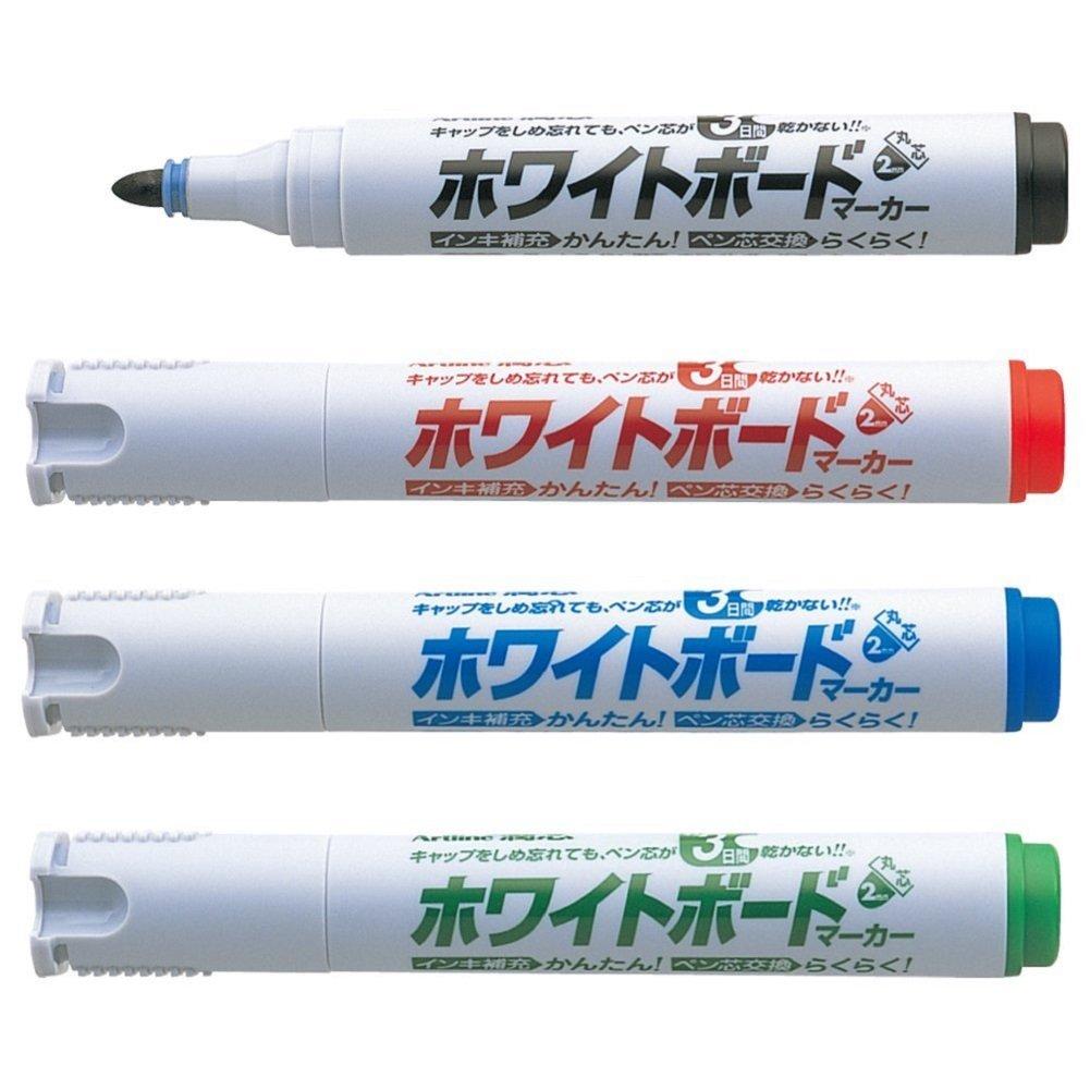 Shachihata Art Line Whiteboard Markers Round Set Dry-In K-527/4W, Tip, 4-Color