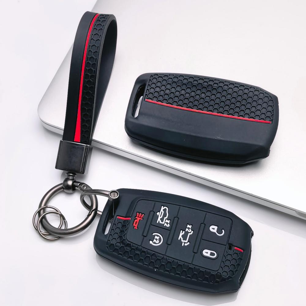 Silicone Key Fob Cover with Keychain for Dodge Durango Challenger Charger Chrysler 300 for Jeep Grand Cherokee Grand Wagoneer Protective Case Fits 6
