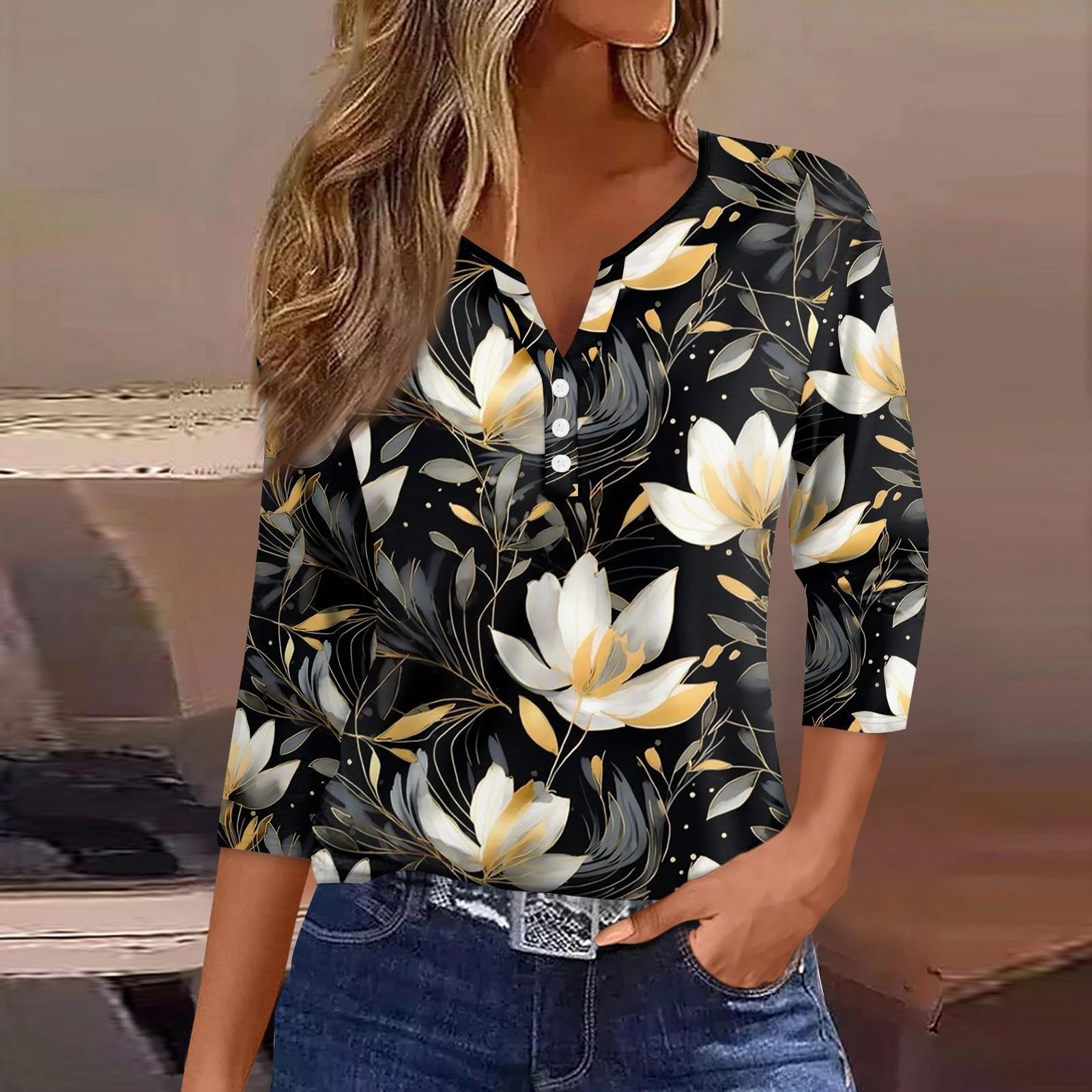 

Жен. Футболка Футболка С принтом Пуговицы Рукав 3/4 Повседневные Выходные Мода Классический Классический V-образный вырез Обычный Верх белый