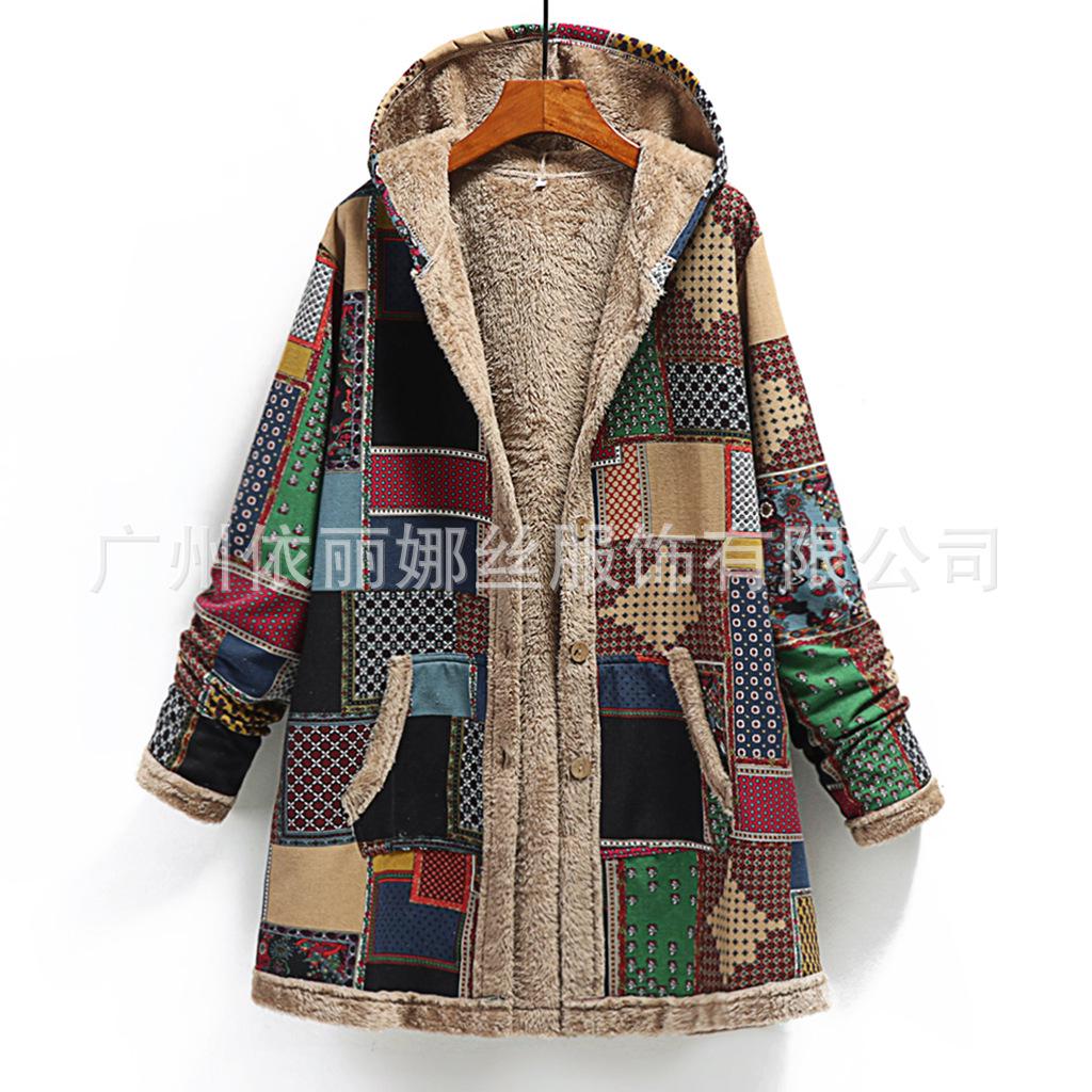 Winter explosion of new women's clothing cotton and linen printing hooded sweater warm plush jacket