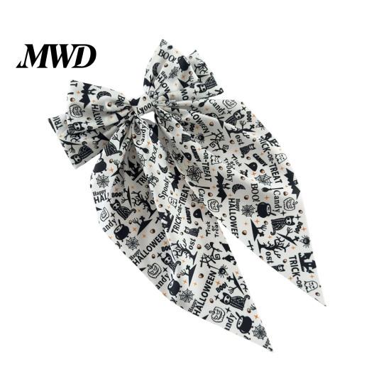 Skull Hairpin Accessory Halloween Bow Spring Hair Clips for Women, Pumpkin Skeleton Ghost Hand Printed Holiday Party Clip Fabric Barrettes,