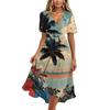 Damen Lässiges V-Ausschnitt Kurzarm Hawaiian Print Kleid Sommer Strand Midi-Kleid mit Elastischer Taille und Ausgestelltem Rock für den Alltag