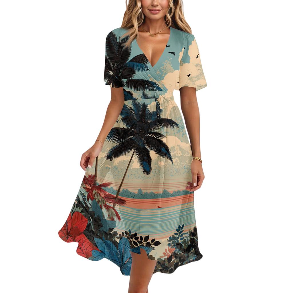 Damen Lässiges V-Ausschnitt Kurzarm Hawaiian Print Kleid Sommer Strand Midi-Kleid mit Elastischer Taille und Ausgestelltem Rock für den Alltag