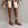 British Style Knee Boots Women's 2025 New Retro Thin Pleated Washed Leather Boots Thick-soled Knight Boots