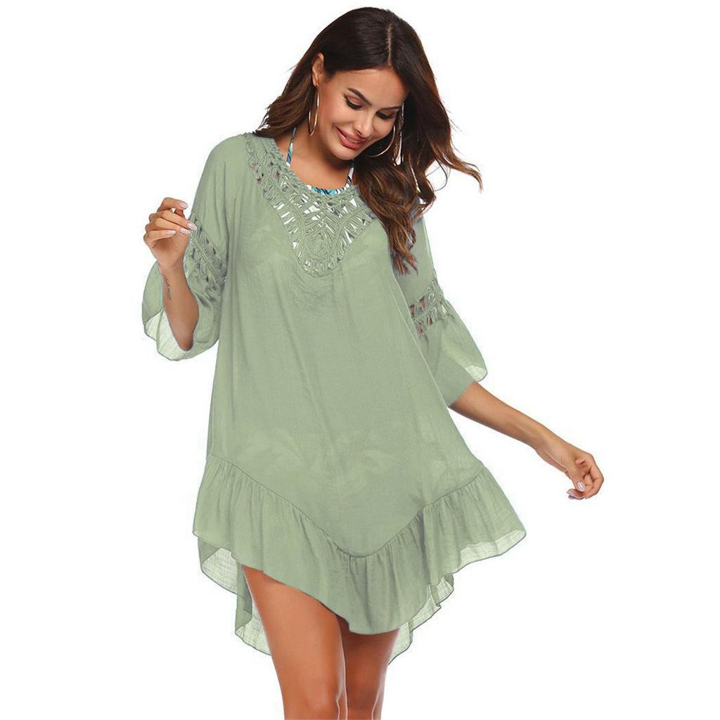 Women Hollow Out Cotton Linen Beach Cover Up Tie Waist Loose Fit Summer Vacation Lightweight Tunic Dress