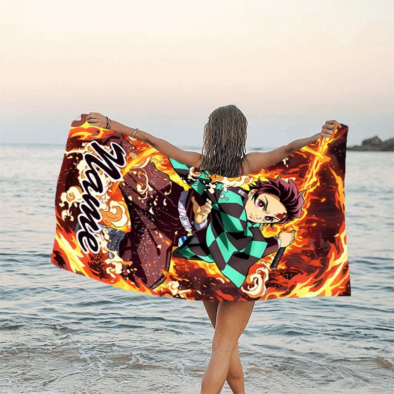 1pc Demon Slayer1 Beach Towel with Custom Name, Beach/Swimming/Bath/Picnic/Camping Towel, Suitable for Seaside Beaches