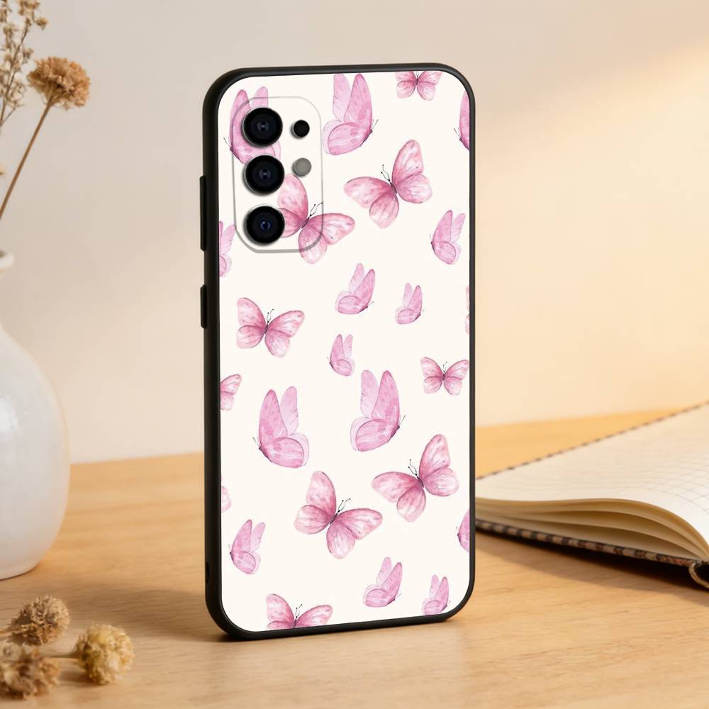 Pink Butterfly Pattern Phone Case Black Silicone Soft For Samsung S25,S24,S21,S22,S23,S30,Ultra,S20,Plus,Fe,Lite