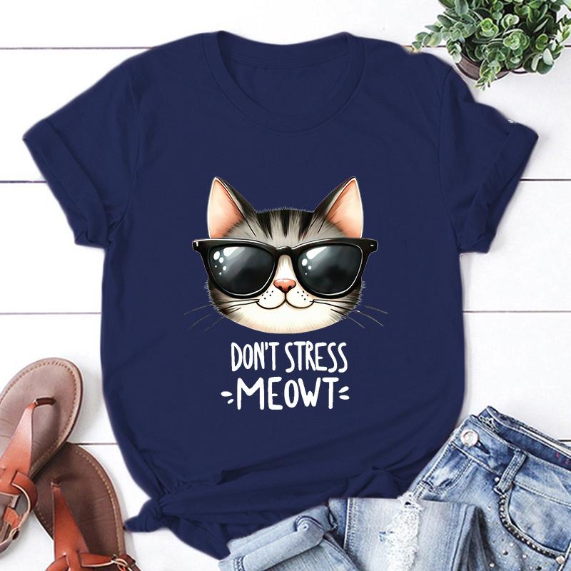 New Cat Don'T Stress Meowt Printed T Shirt Women Teens Fashion Hip Hop Harajuku Casual Short Sleeve Unisex Tops Tees