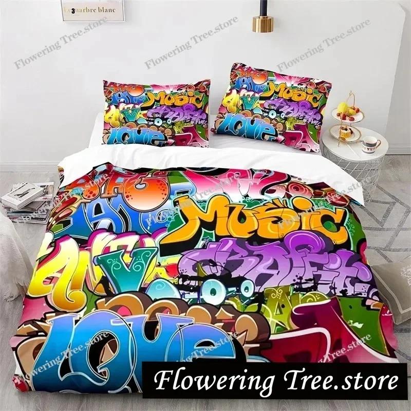 Graffiti Hip Hop Modern Street Art Bedding Set Boys Girls Twin Queen Size Duvet Cover Pillowcase Bed Kids Adult029